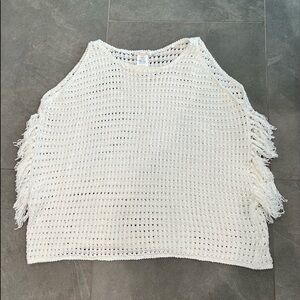 Minnie ROSE 🤍 knit crochet ivory sweater w/fringe sleeveless top or vest EUC‼️